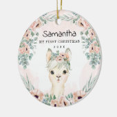 Chic Llama Blush Floral Baby Girl Eerste Kerstmis Keramisch Ornament (Links)