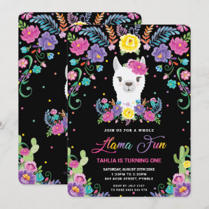 Chic Llama Fun Mexican Floral 1st Birthday Party Kaart