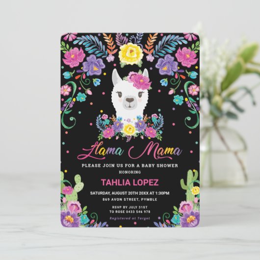 Chic Llama Mama Mexicaanse Bloem Baby Shower Meisj Kaart (Staand voorkant)