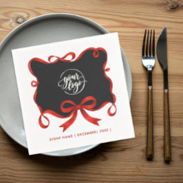 Chic Logo Kerstmis Zwart Rode Lint Boog Script Servet
