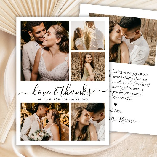 Chic Love and Thanks Script Photo Collage Wedding Bedankkaart