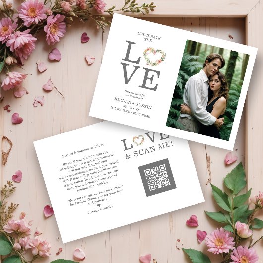Chic Love Quote Pink Floral Heart-Shape Wreath Save The Date