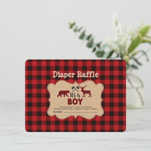 Chic Lumberjack Little Hunter Diaper Raffle Ticket Informatiekaartje (Staand voorkant)
