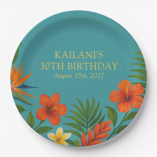 Chic Lush Tropische Bloemen Luau Verjaardagsfeest Papieren Bordje (Voorkant)