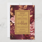 Chic Lux Bourgondië Blush Gouden Bloemen Huwelijks Kaart (Voorkant)