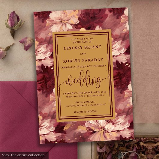 Chic Lux Burgundy Blush Gold Floral Wedding Invite Kaart