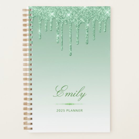Chic Luxe Glitter Drips Gepersonaliseerd Groen 202 Planner (Voorkant)