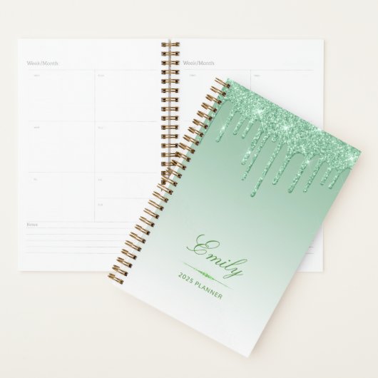 Chic Luxe Glitter Drips Gepersonaliseerd Groen 202 Planner (Display)