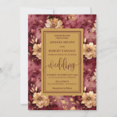 Chic Luxe Merlot Gouden Bloemen Huwelijksuitnodigi Kaart (Voorkant)