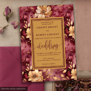 Chic Luxe Merlot Gouden Bloemen Huwelijksuitnodigi Kaart
