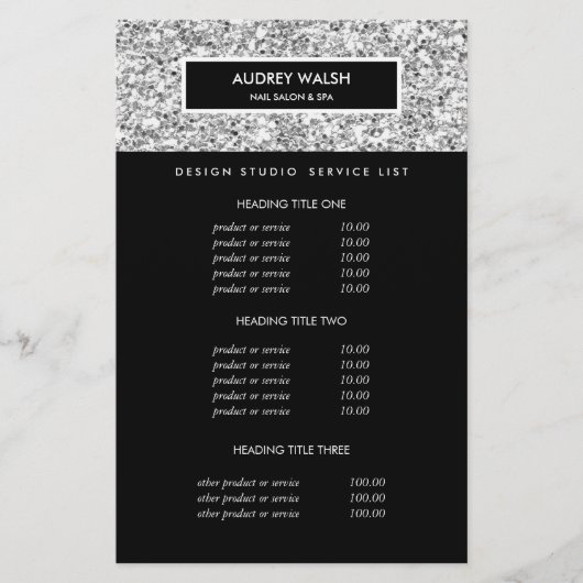 Chic Luxe Zilver Glitter Salon Prijzen & Diensten Flyer (Voorkant)