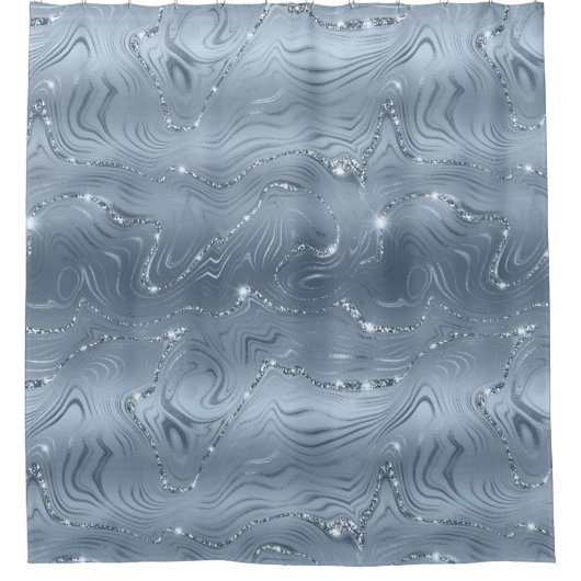 Chic Luxury Dusty Blue Silver Glitter Douchegordijn (Voorkant)