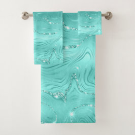 Chic Luxury Turquoise Silver Glitter Bad Handdoek