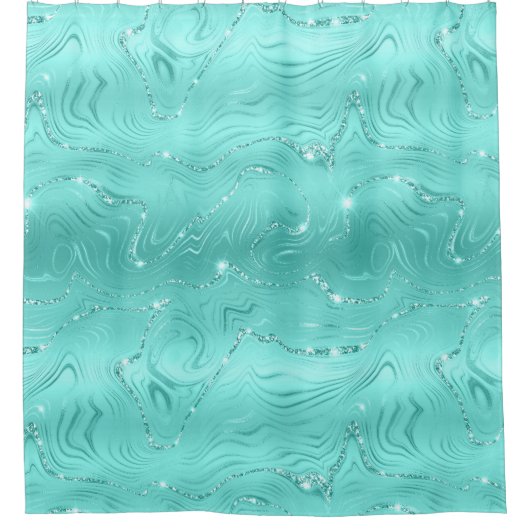 Chic Luxury Turquoise Silver Glitter Patroon Douchegordijn (Voorkant)