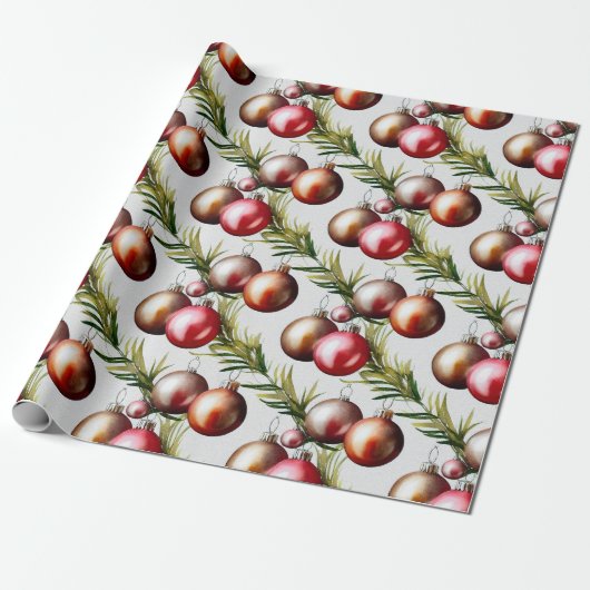 Chic Luxury Waterverf Baubles Pine Tree Cadeaupapier (Uitgerold)