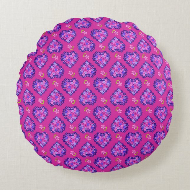 Chic Magenta Hearts and Flowers Round Pillow Rond Kussen (Voorkant)