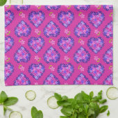 Chic Magenta Hearts en Flowers Kitchen Towel Theedoek (Gevouwen)