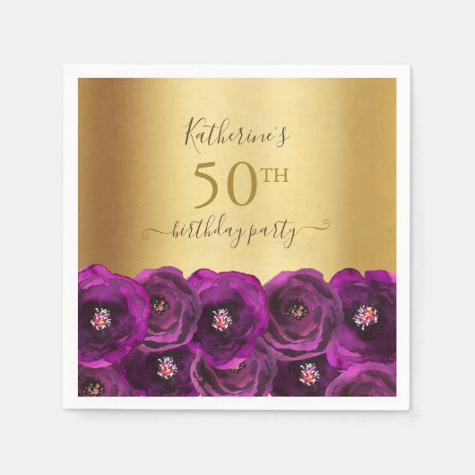 Chic Magenta Rose Floral Gold 50th Birthday Party Servet (Voorkant)