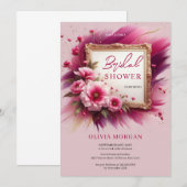 Chic magenta roze bloemen goud lijst Bruid Kaart (Voorkant / Achterkant)