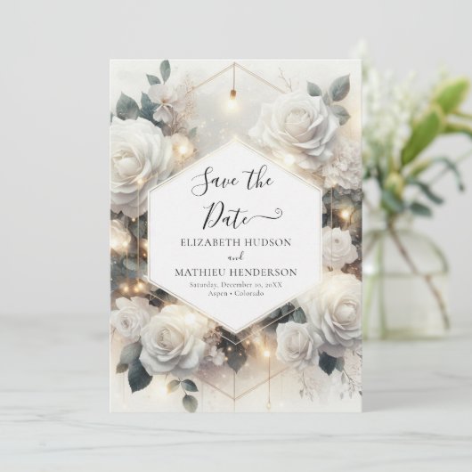 Chic Magische Witte Rozen bruiloft Save The Date (Staand voorkant)