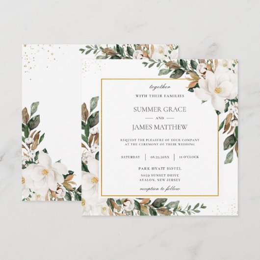 Chic Magnolia Floral Greenery Wedding Square Kaart (Voorkant / Achterkant)