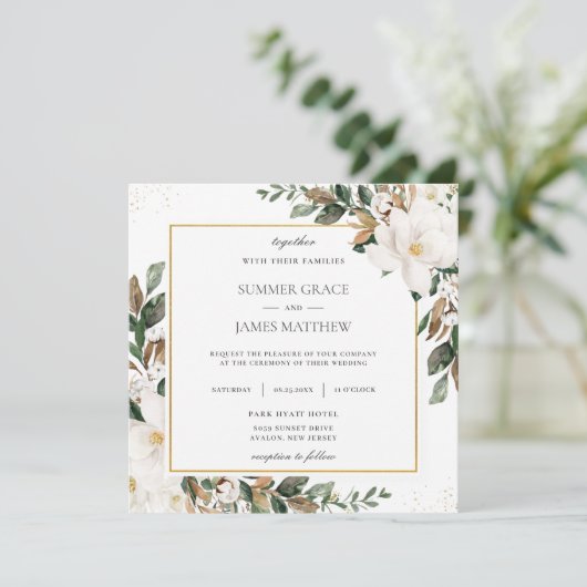 Chic Magnolia Floral Greenery Wedding Square Kaart (Staand voorkant)