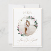 Chic Magnolia Floral met Gold Circle Framed Foto Save The Date (Voorkant)