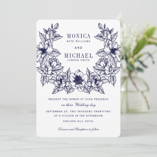 Chic Magnolia Wreath | Navy Blue Wedding Kaart (Staand voorkant)