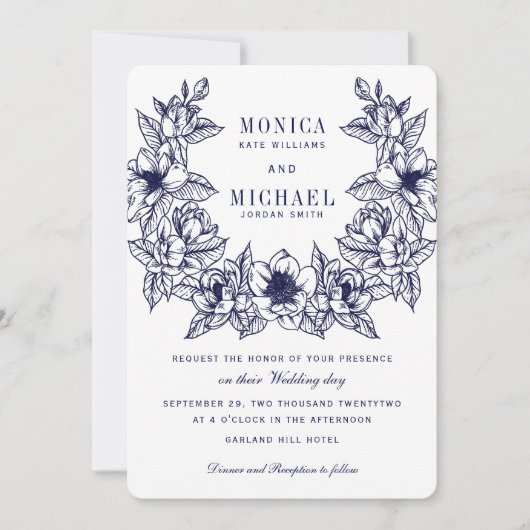 Chic Magnolia Wreath | Navy Blue Wedding Kaart (Voorkant)
