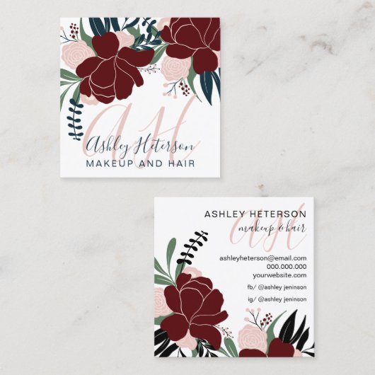 Chic Makeup red floral navy blue script monogram Vierkante Visitekaartje (Voorkant / Achterkant)