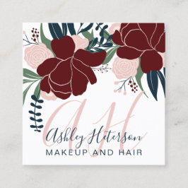 Chic Makeup red floral navy blue script monogram Vierkante Visitekaartje