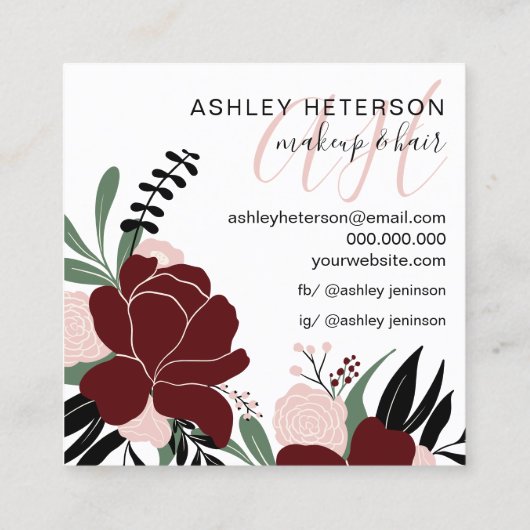 Chic Makeup red floral navy blue script monogram Vierkante Visitekaartje (Achterkant)