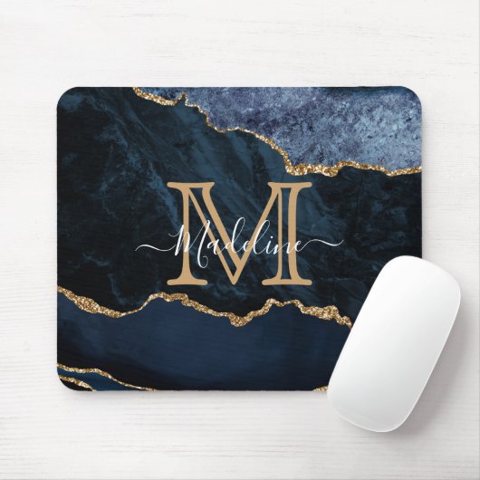 Chic Marble Agate Geode Navy Blue Gold Monogram Muismat (Met muis)