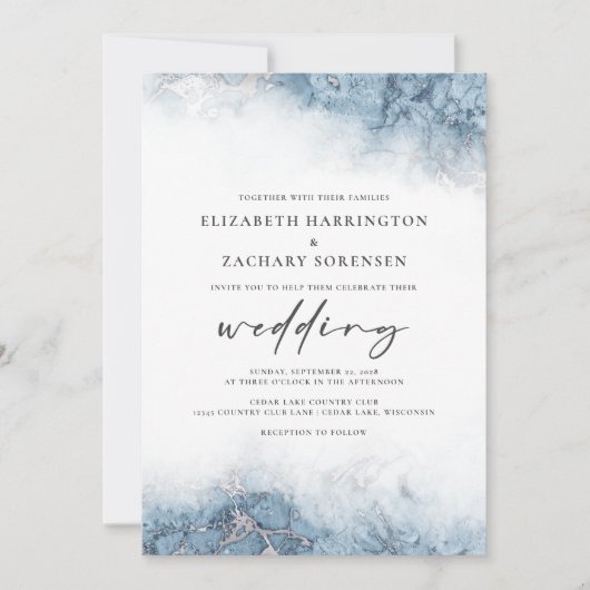 Chic Marble Blue Silver Wedding Uitnodiging (Voorkant)