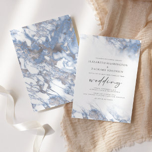 Chic Marble Dusty Blue Silver Wedding Kaart