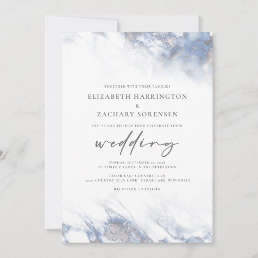 Chic Marble Dusty Blue Silver Wedding Kaart (Voorkant)