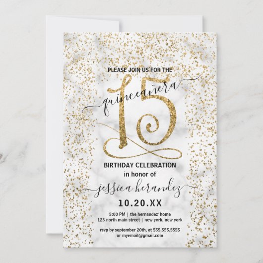 Chic Marble Gold Confetti Border Quinceañera Kaart (Voorkant)