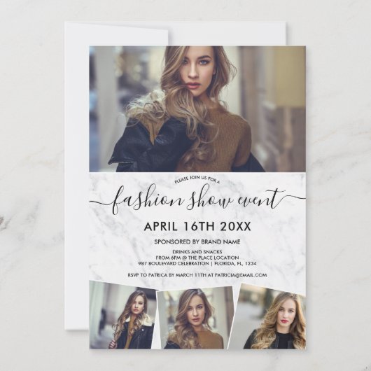 Chic marble minimalist script foto's mode show kaart (Achterkant)