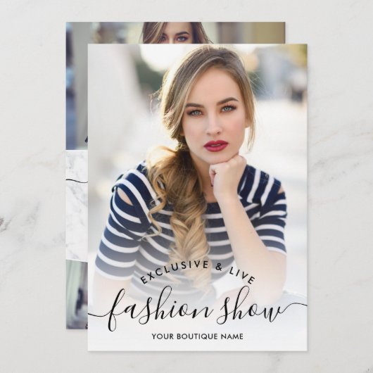 Chic marble minimalist script foto's mode show kaart (Voorkant / Achterkant)
