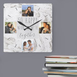 Chic Marble Photo Collage Happy Together Vierkante Klok<br><div class="desc">Creëer uw eigen unieke, vierkante muurklok die u kunt personaliseren met vier van uw favoriete foto's. Dit chic en modern design heeft een waterverf marmer in tinten wit en grijs met donkergrijze typografie. De foto's worden in vierkante vorm weergegeven rond de tekst "zo gelukkig als we samen zijn". De sjabloon...</div>