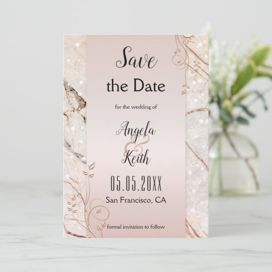 Chic Marble Roos Gold Floral Save the Date Kaart (Staand voorkant)