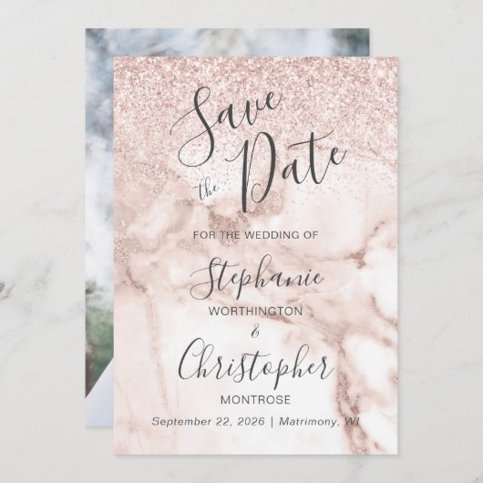 Chic Marble Roos Gold Glitter Photo Save the Date Kaart (Voorkant / Achterkant)