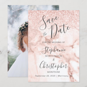 Chic Marble Roos Gold Glitter Photo Save the Date Kaart