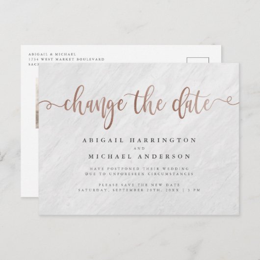 Chic Marble & Roos Gold Script wijzigen Datum Uitnodiging Briefkaart (Voorkant / Achterkant)