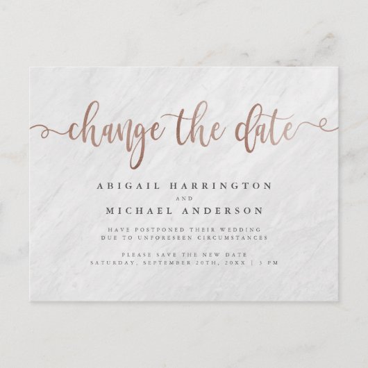 Chic Marble & Roos Gold Script wijzigen Datum Uitnodiging Briefkaart (Voorkant)