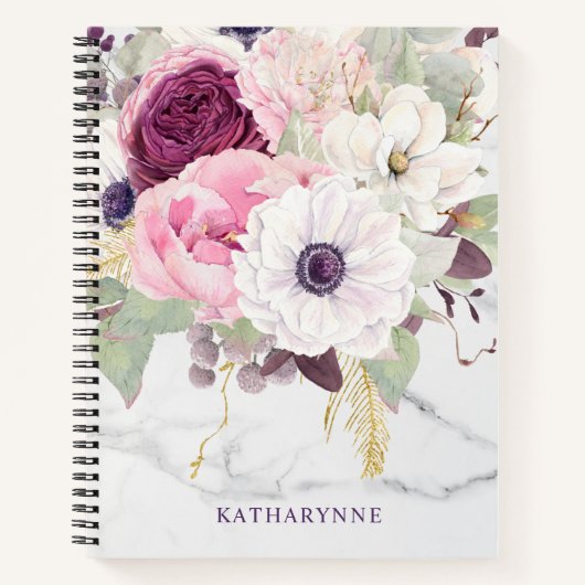Chic Marble Vrouwelijke Roze Waterverf Bloemen Notitieboek (Voorkant)