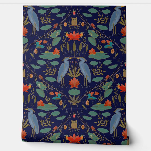 Chic marine blauw Heron Pond Heritage Revival Behang (Afrollen)