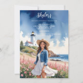 Chic Marine Landscape Lighthouse Brunette Girl Kaart (Voorkant)