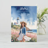 Chic Marine Landscape Lighthouse Brunette Girl Kaart (Staand voorkant)