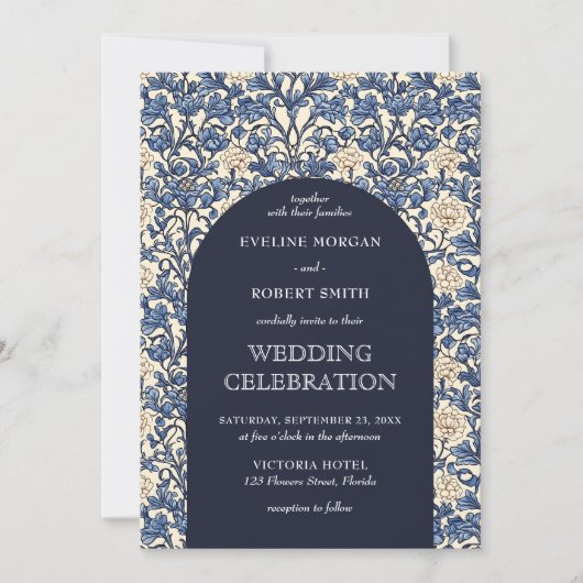 Chic marineblauw ivoren bloemen Art Nouveau Morris Kaart (Voorkant)